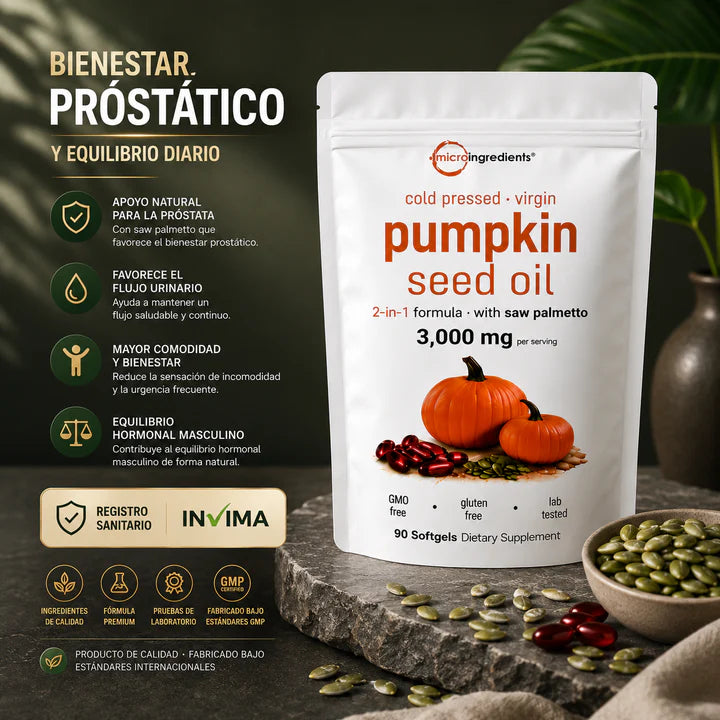 Aceite de Semilla de Calabaza 3000 mg + Saw Palmetto Apoya tu Salud Prostática y fortalece tu cabello desde hoy