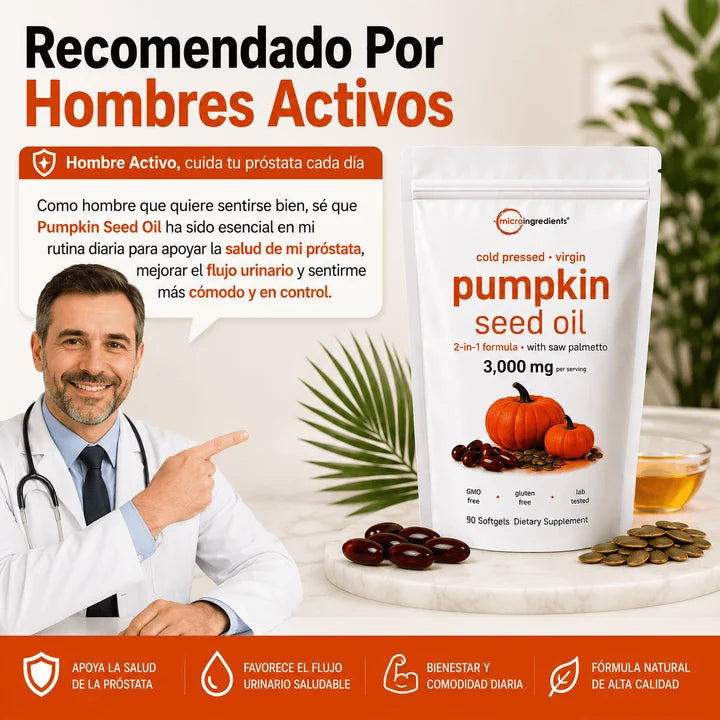 Aceite de Semilla de Calabaza 3000 mg + Saw Palmetto Apoya tu Salud Prostática y fortalece tu cabello desde hoy